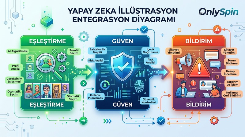 Eşleştirme, anti-cheat ve şikayet mekanizması entegrasyon şeması